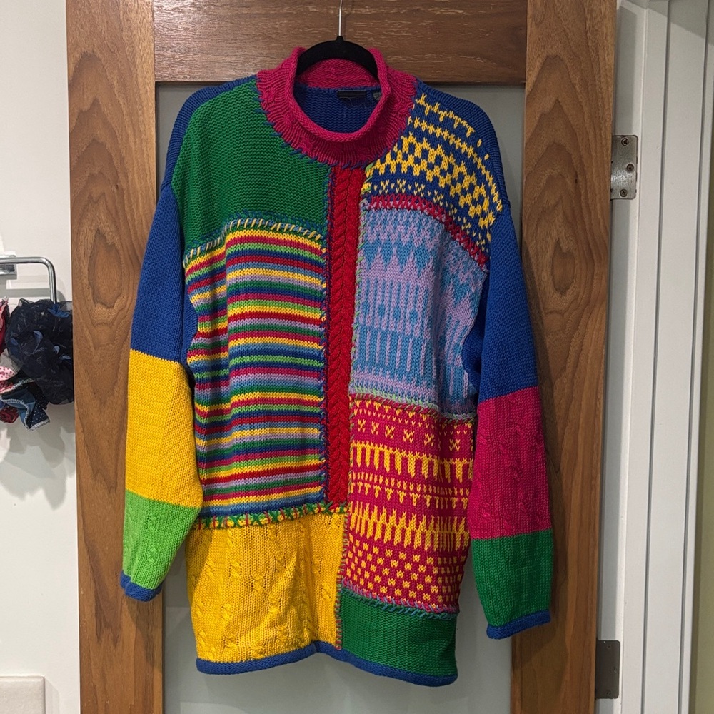 Liz Claiborne Multicolor Patchwork Crewneck Knit Sweater